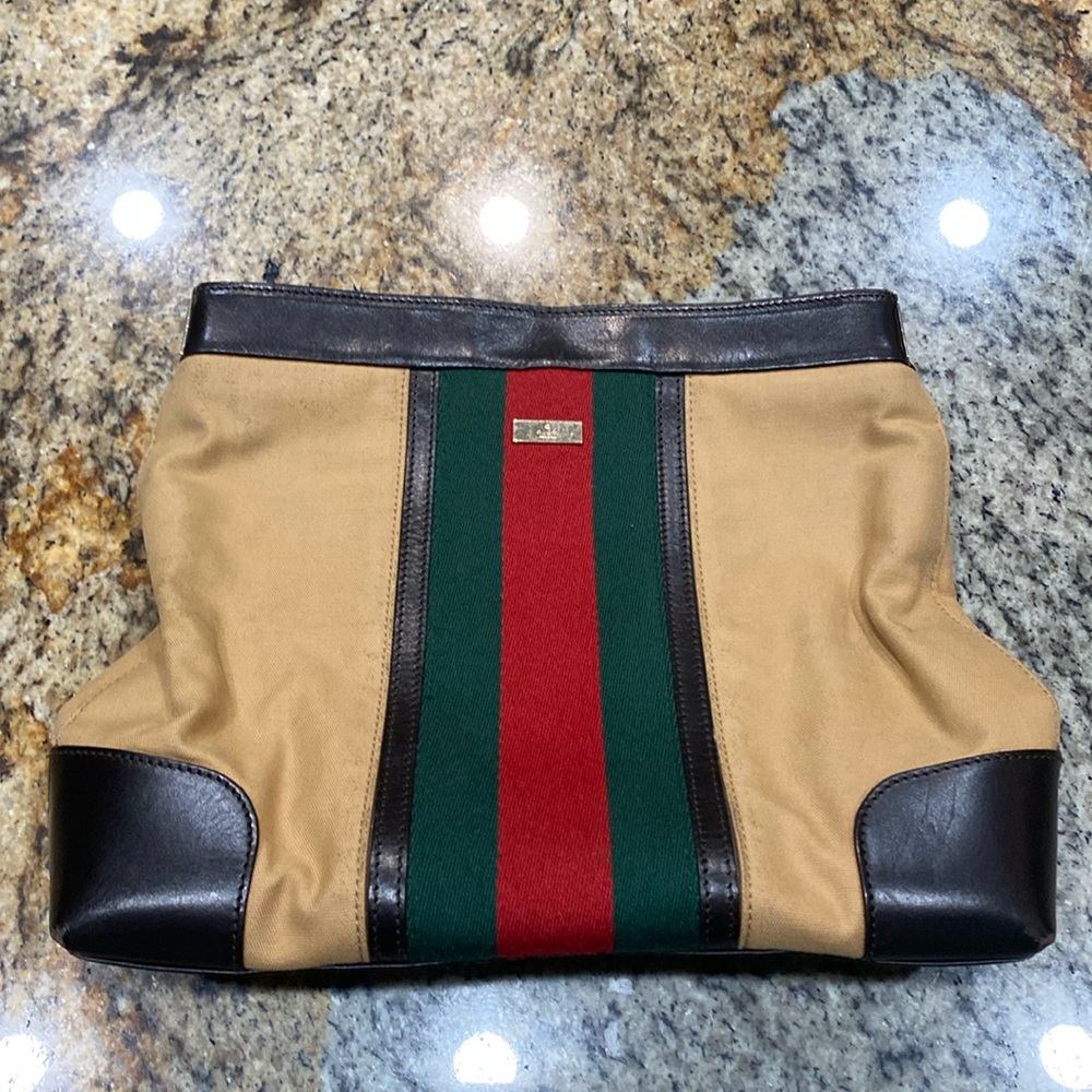 GUCCI Purse Tote Bag Sherry Line Leather Canvas Solve Logo Plate Authentic A
